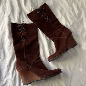 Slouchy Mid Calf Fall Suede Wedge Heel Boots
